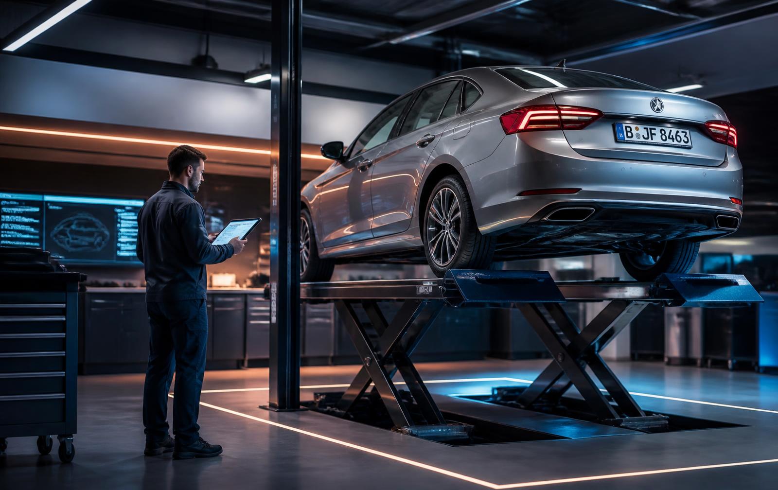 Araç ekspertiz merkezinde lift üzerinde kontrol edilen otomobil